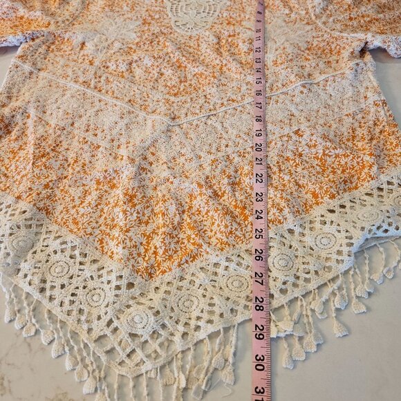 Solitaire size XL White Orange Floral Crochet Trim Cottagec Fringe Solitaire Top - Picture 9 of 11